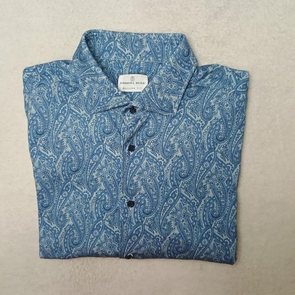 Emanuel Berg Shirt Mens L Blue Paisley Button-Up Cotton Spandex Modern Fit